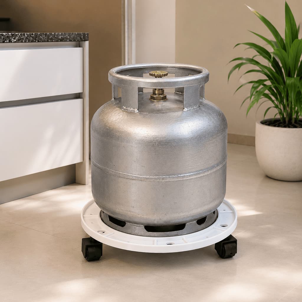 Suporte Botijão De Gás Galão Água Vasos Com Rodinha Base Redonda Plástico Resistente Branco 29cm