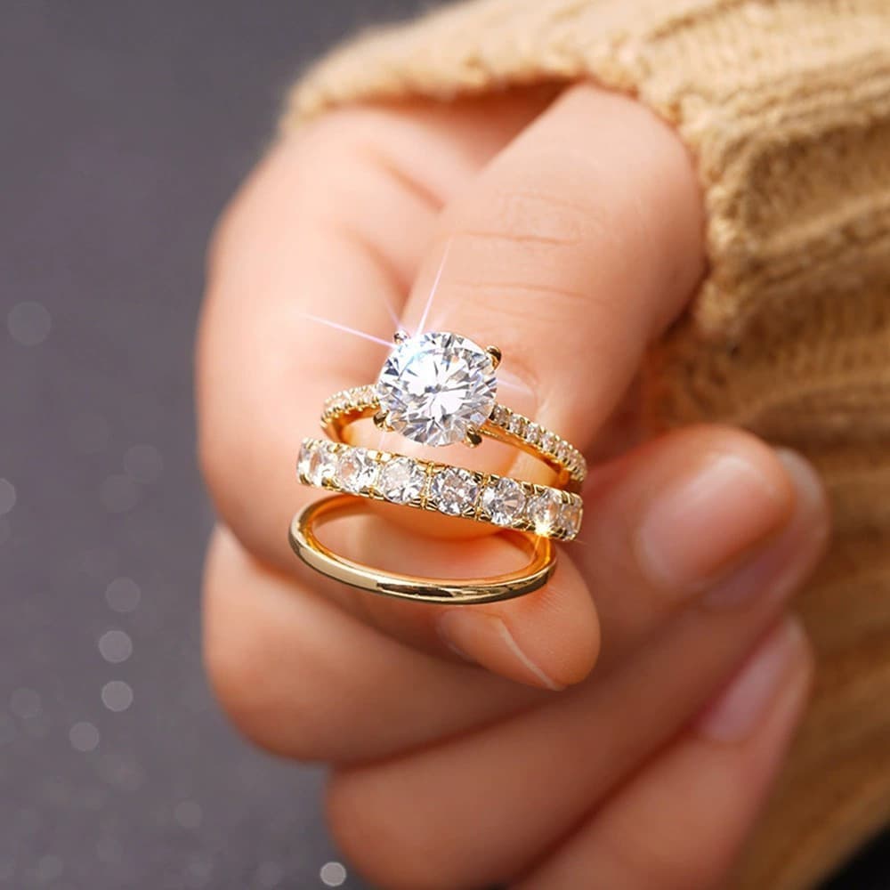 Moda três conjuntos de anel celebração de aniversário de luxo usando anel feminino incrustado de cinco garras