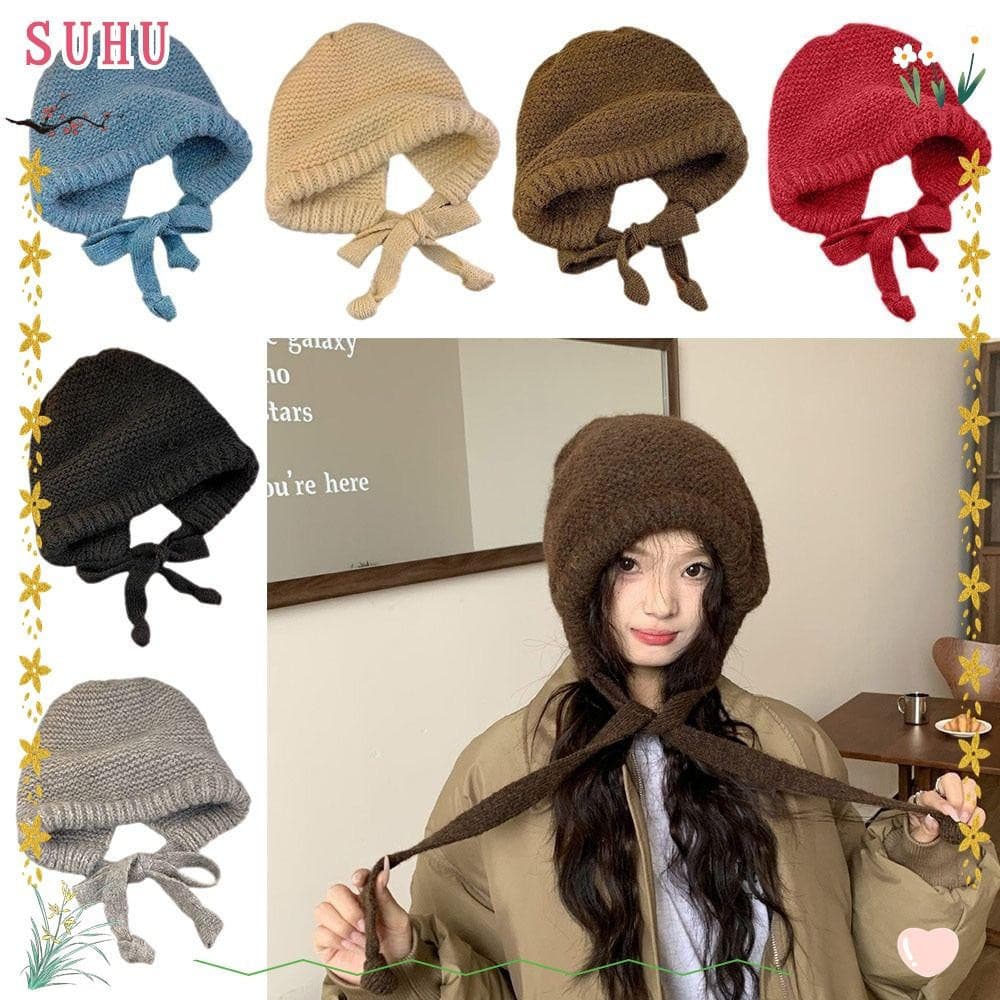 SUHU Chapéu De Malha , Alça À Prova De Vento Corda Gorro Quente , Bonito Proteção De Ouvido Lã Balaclava Feminino