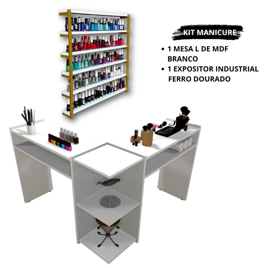 Mesa em L para Esmalteria 100% MDF com Expositor de Esmaltes em Metalon Dourado