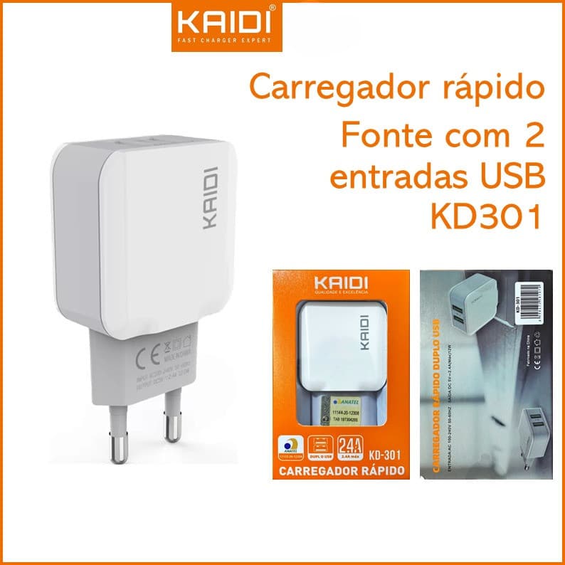 Carregador Fonte de Carregamento Rápido 12W com 2 entrada USB KAIDI KD-301