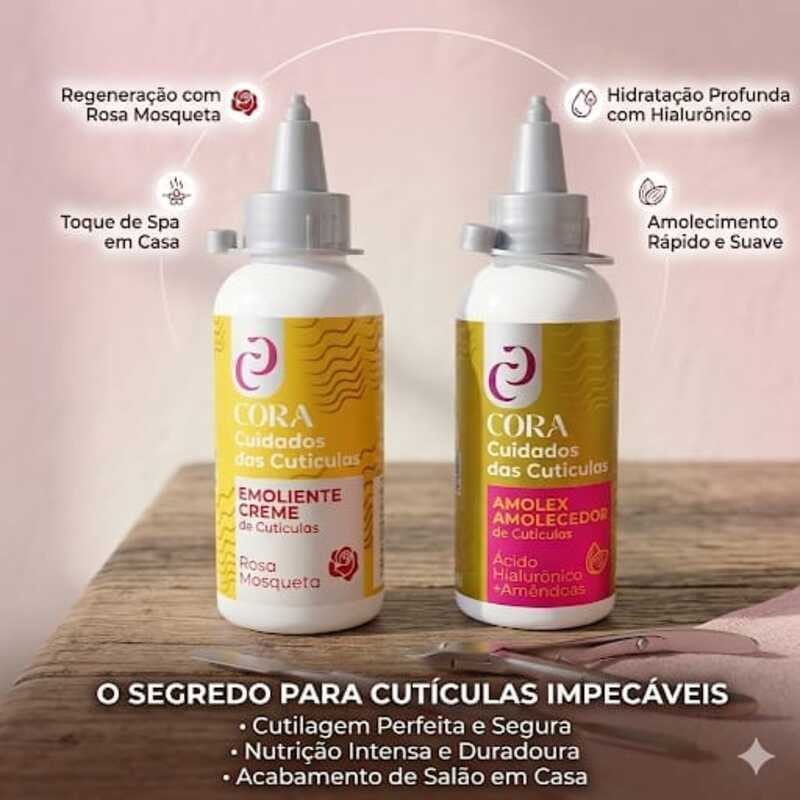 Emoliente Creme Cora Rosa Mosqueta 100ml + Amolecedor de Cutículas Cora Ácido Hialurônico e Amêndoas 100ml