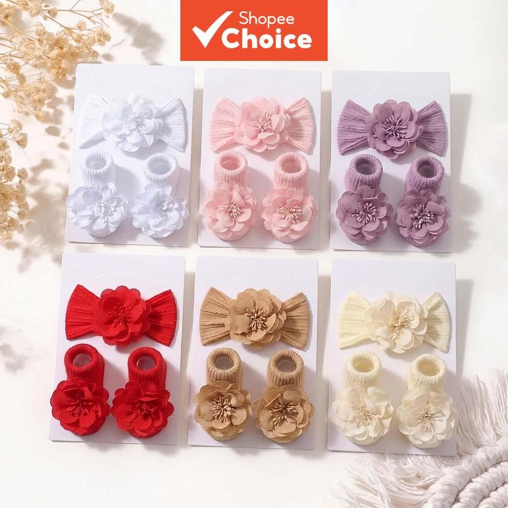 Conjunto De Três Peças Para Fotografia De Recém-Nascidos : Tiara De Flores + Meias Antiderrapantes Caminhada (Sem Cartão