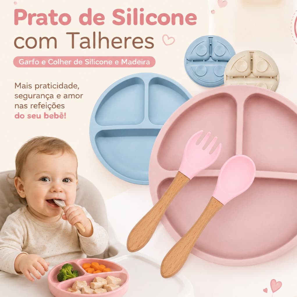 Kit Prato Infantil Silicone com Talheres 3 Peças Introdução Alimentar Bebê