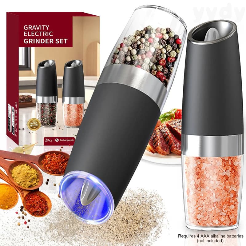 Conjunto de moedores elétricos de sal e pimenta, com ajuste de moagem e luz LED, pacote com 2 unidades, moedor de cozinh