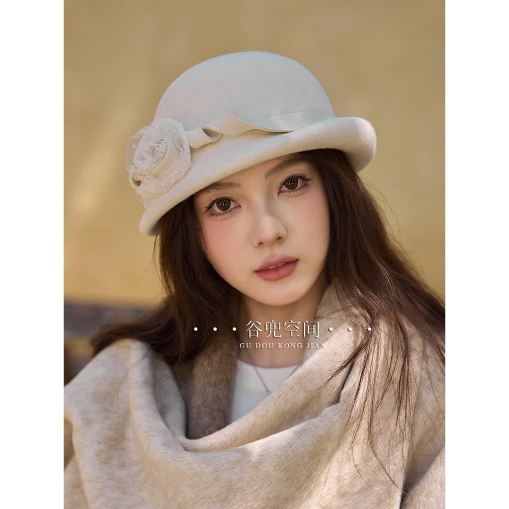 25 flor malha boina de lã feminino outono inverno chapéu francês Retro Hepburn chapéu de feltro branco Megalody chapéu s