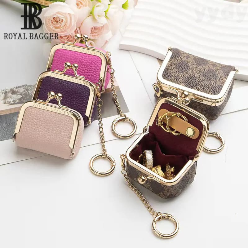 Royal Bagger Mini Porta-Moedas de Couro Genuíno, Bolsa de Moedas com Fecho Kiss Lock em Cor Sólida, Estilo Casual, Bolsa