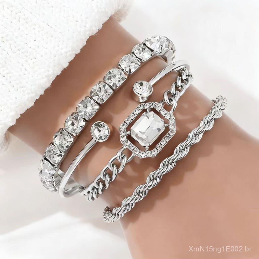 Conjunto de 4 peças de pulseiras abertas de prata pulseira cheia de diamantes joias femininas retrô