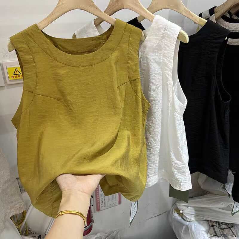 Estilo coreano Irregular volta fenda sem mangas camisa feminina verão 2024 novo estilo solto mais magro olhar frente cur