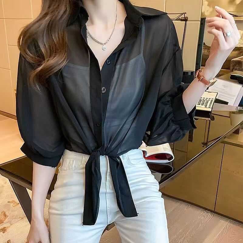 Camisa xale protetor solar roupas femininas Chiffon moda verão novo estilo blusa fina solta exterior curto atado topo