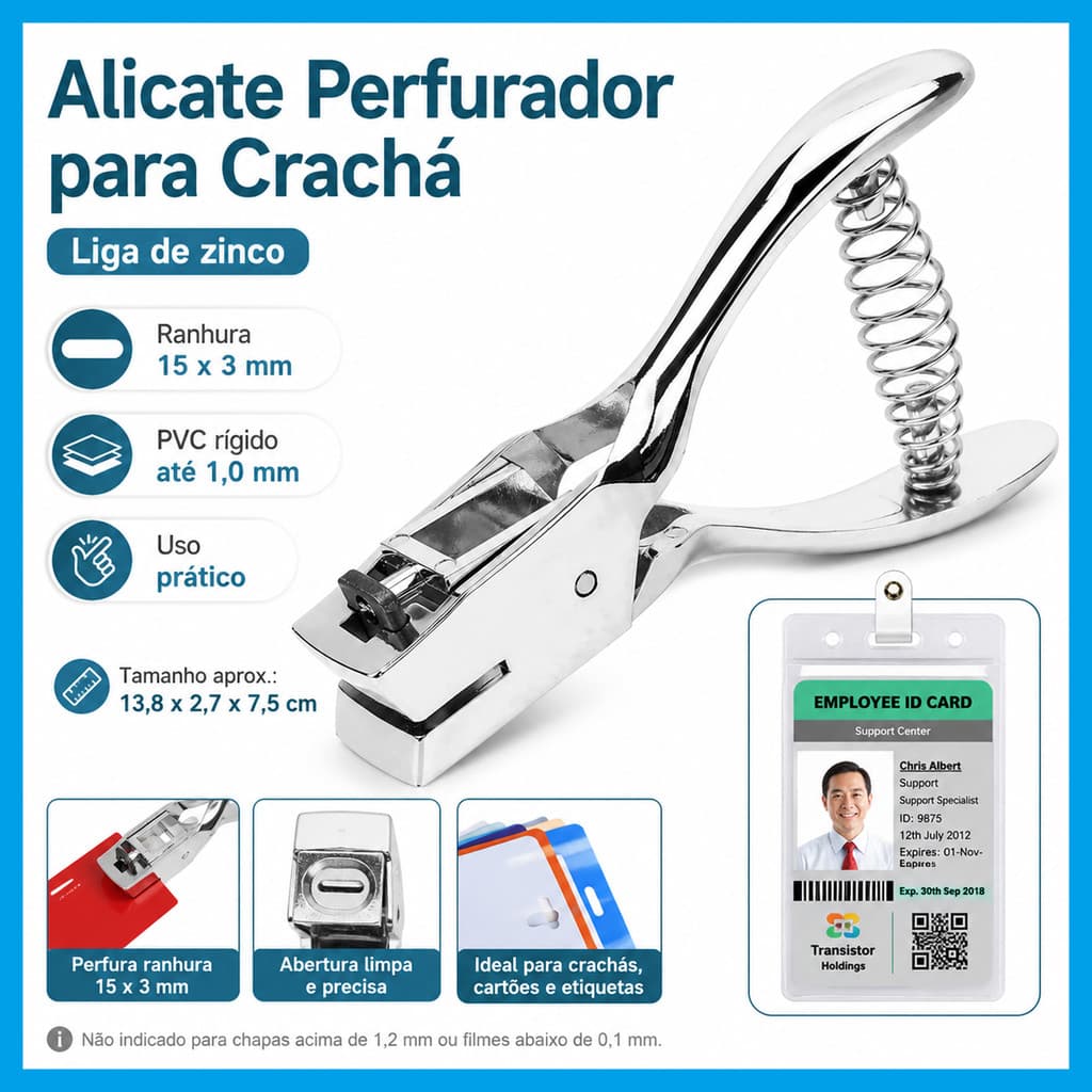 Alicate Perfurador de Crachá Manual 15x3mm para Cartão PVC, Credencial e Identificação