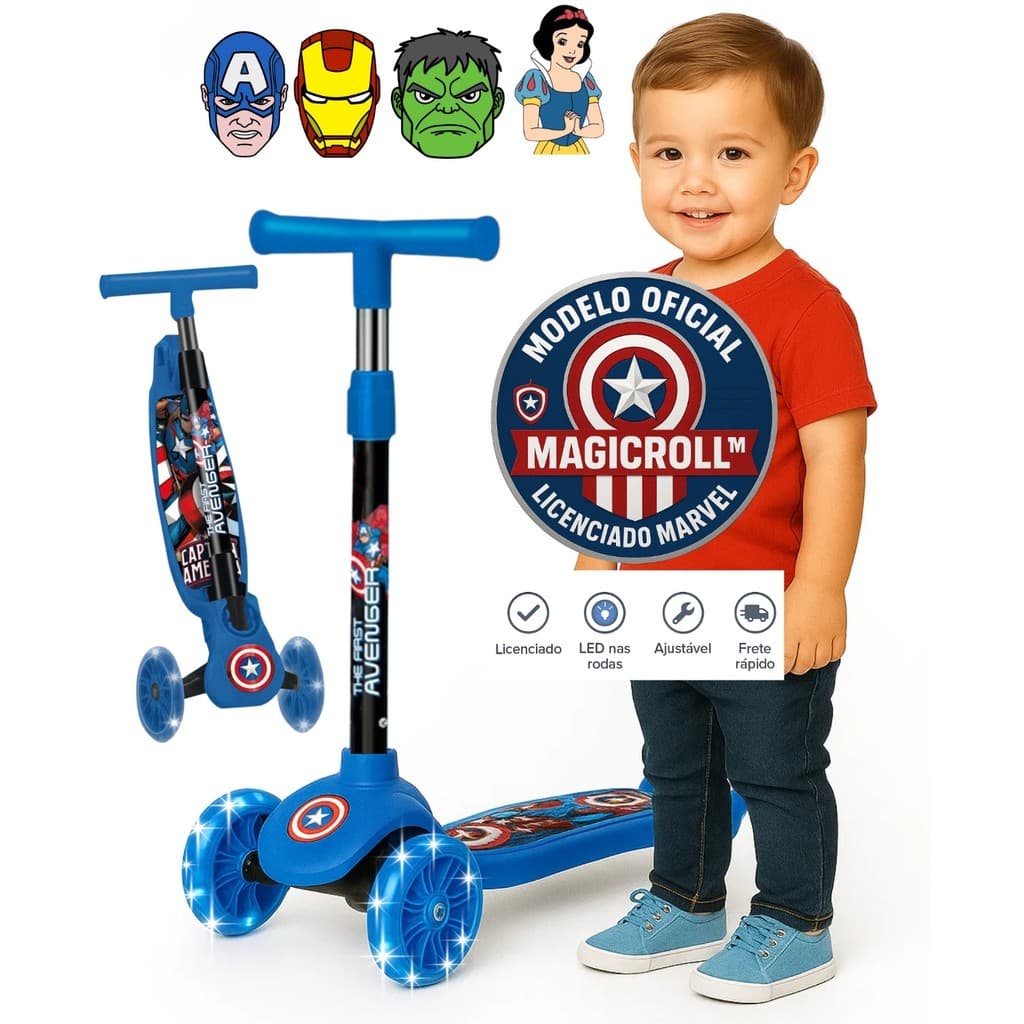 Patinete Infantil 3 Rodas Marvel Avengers LED, Altura Ajustável, 3+ Capitão América