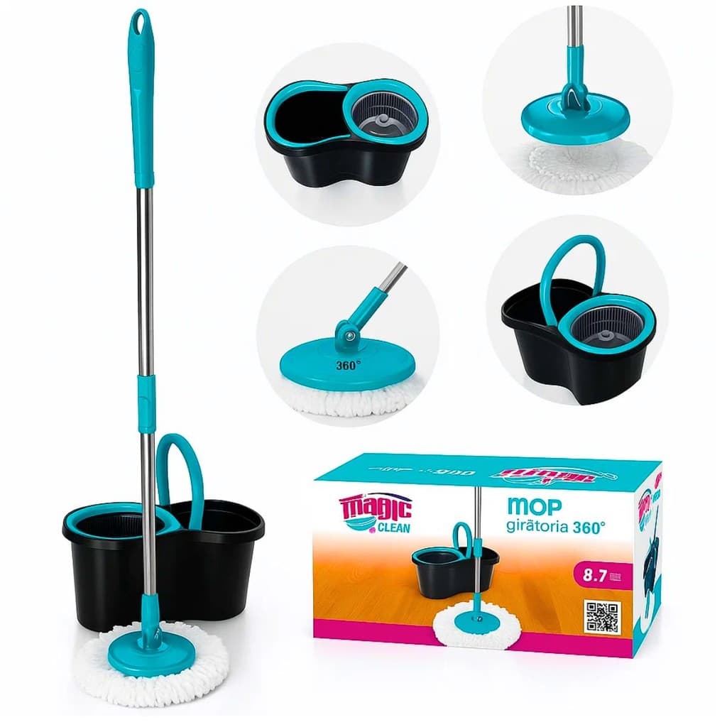 Mop Giratório 360° Balde 8,7L Refil Microfibra e cabo 1,2M