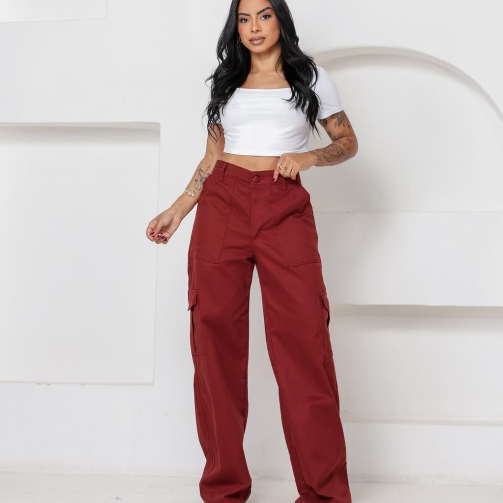 Calça Cargo Jeans Feminina Wide Leg Versátil e Moderna