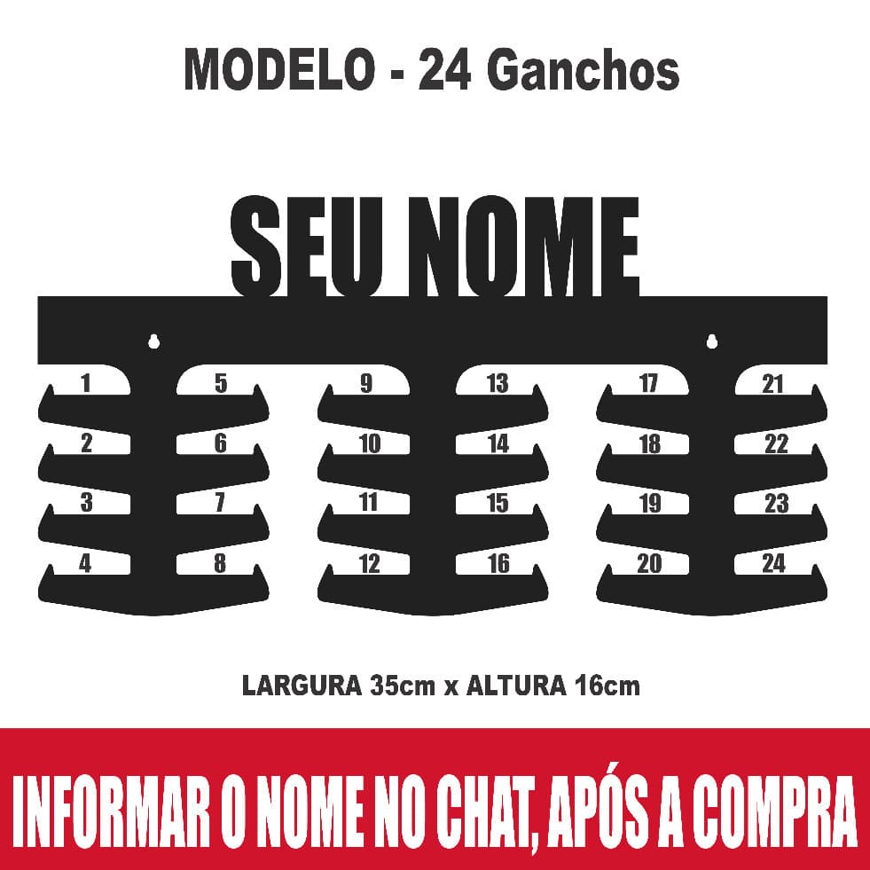 Porta Medalhas com Nome Personalizado  MDF 3mm Vazado | 18, 24, 36 ou 48 Ganchos