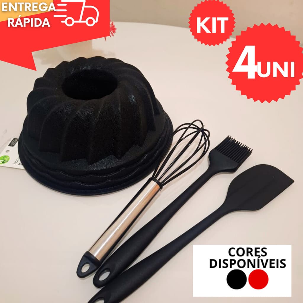 Conjunto Utensílios Silicone Forma de Bolo + Espátula + Fuê + Pincel Resistente