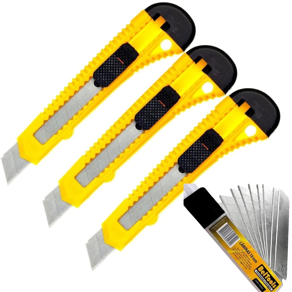 3 ESTILETE PLASTICO COM LÂMINA DE 18MM LARGO BELTOOLS + 10 LÂMINAS