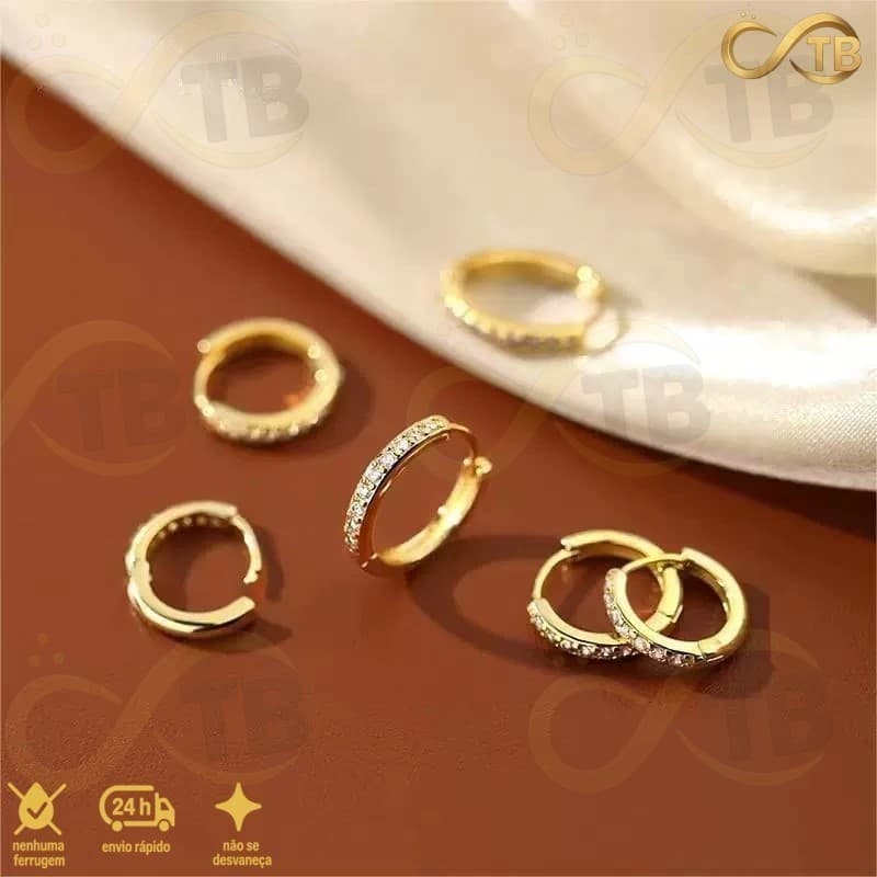 TB Brinquedos 3 pares feminina Brinco Trio Argola BANHADA PRATA A OURO 18K com Zircônia Cravejada