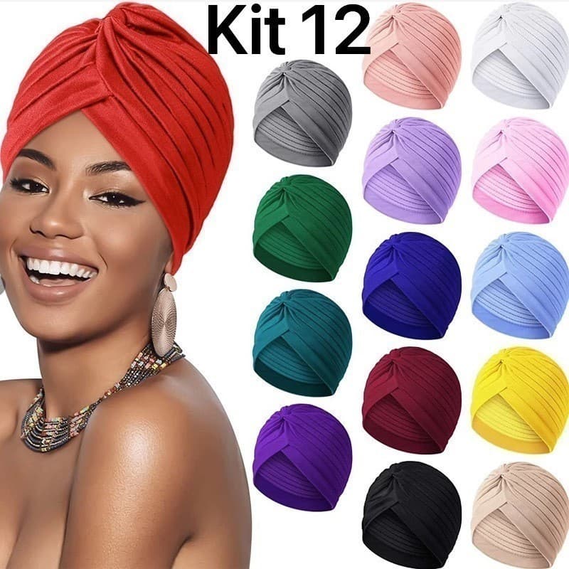 KIT 12 Peças Turbante Chapéu Feminino Indiano Estiloso Com Elástico Fechado Para Conforto e Estilo - WL