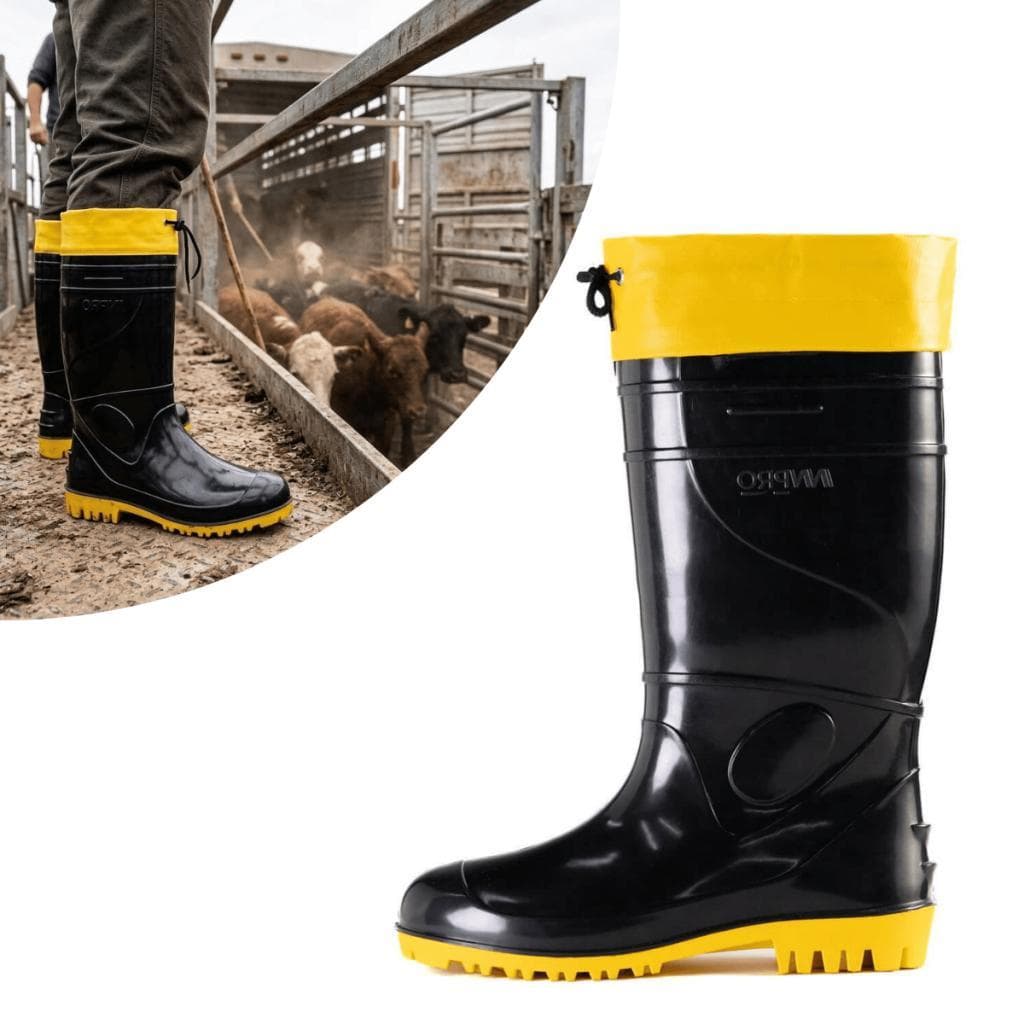 Bota Galocha Cano Longo Preta/Amarela com Cadarço Antiderrapante Impermeável contra Óleos e Água