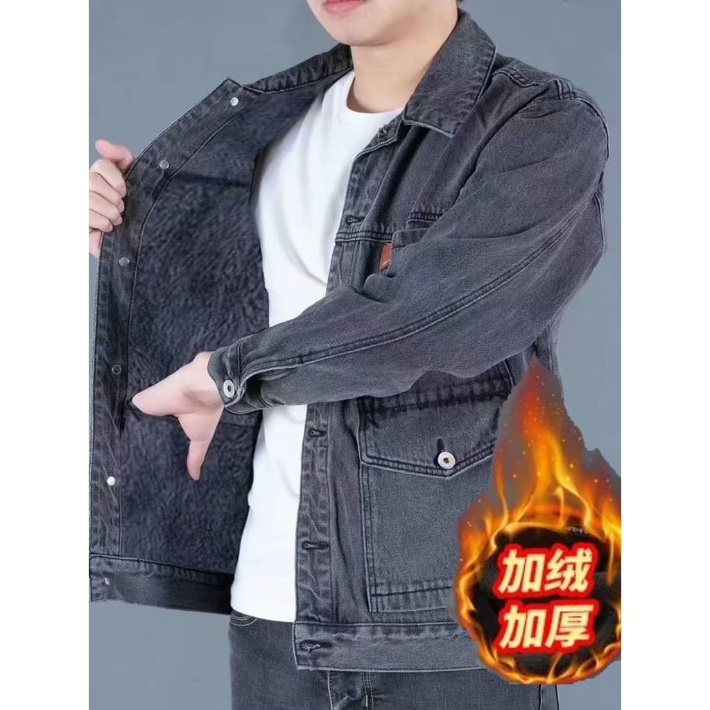 Jaqueta jeans masculina outono inverno forro de lã engrossado Casual macacão jaqueta exterior desgaste trabalho resisten