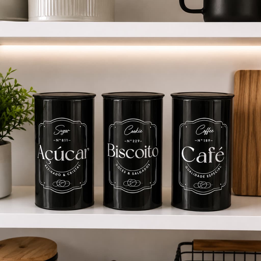 Kit 3 Potes Herméticos Preto Fosco Café Açúcar Biscoito Organizador Mantimentos com Tampa 1400 ml