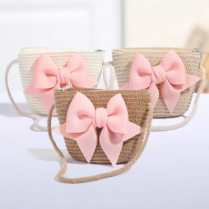 Novas Bolsas de Menina Rosa comço, Bolsas Transversais de Palha Trançada com Zíper para Crianças, Bolsas de Princesa