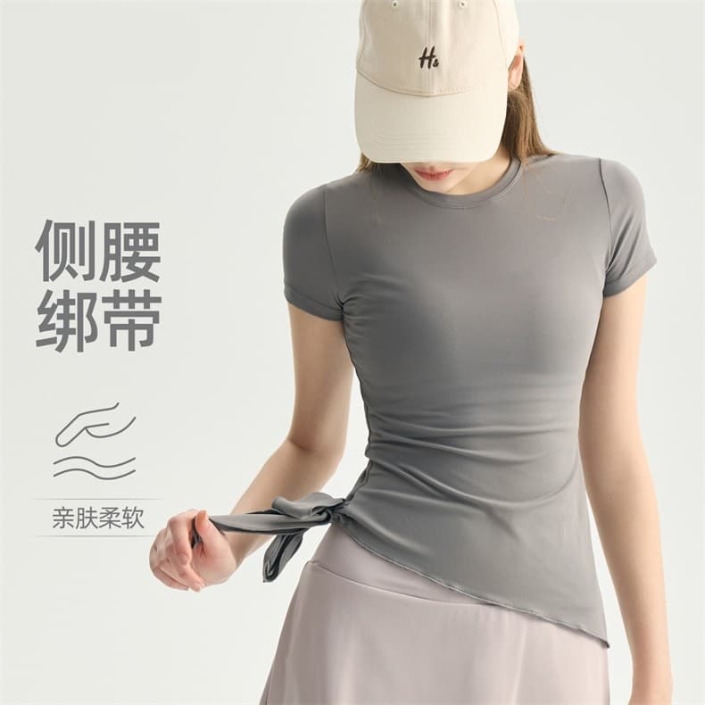 Laced-Up yoga manga curta feminina respirável All-Match roupas de yoga topos inclinado magro esportes camiseta