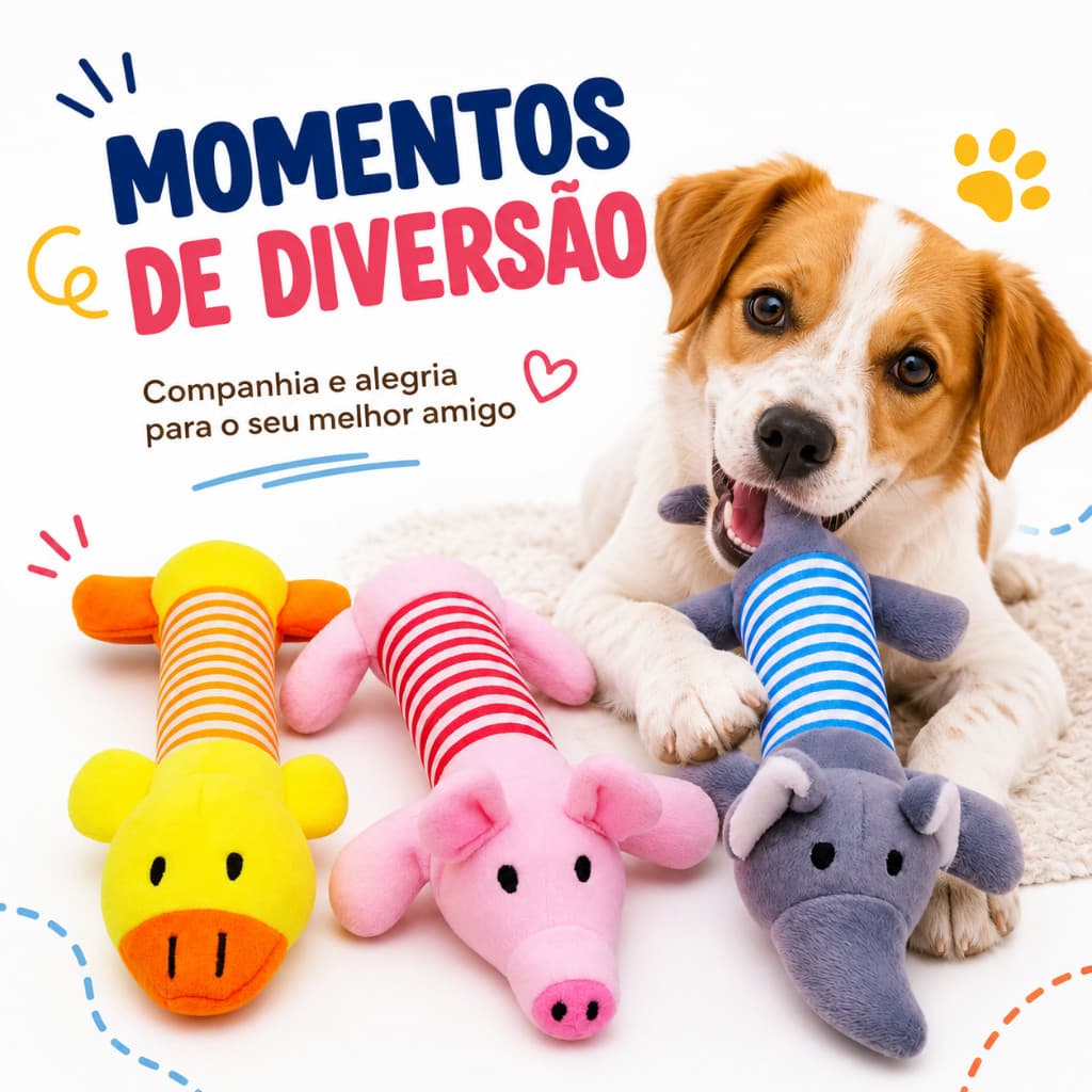 Brinquedo de Cachorro Pelúcia Mordedor Pet com Apito Som Interativo Elefante Pato Porco