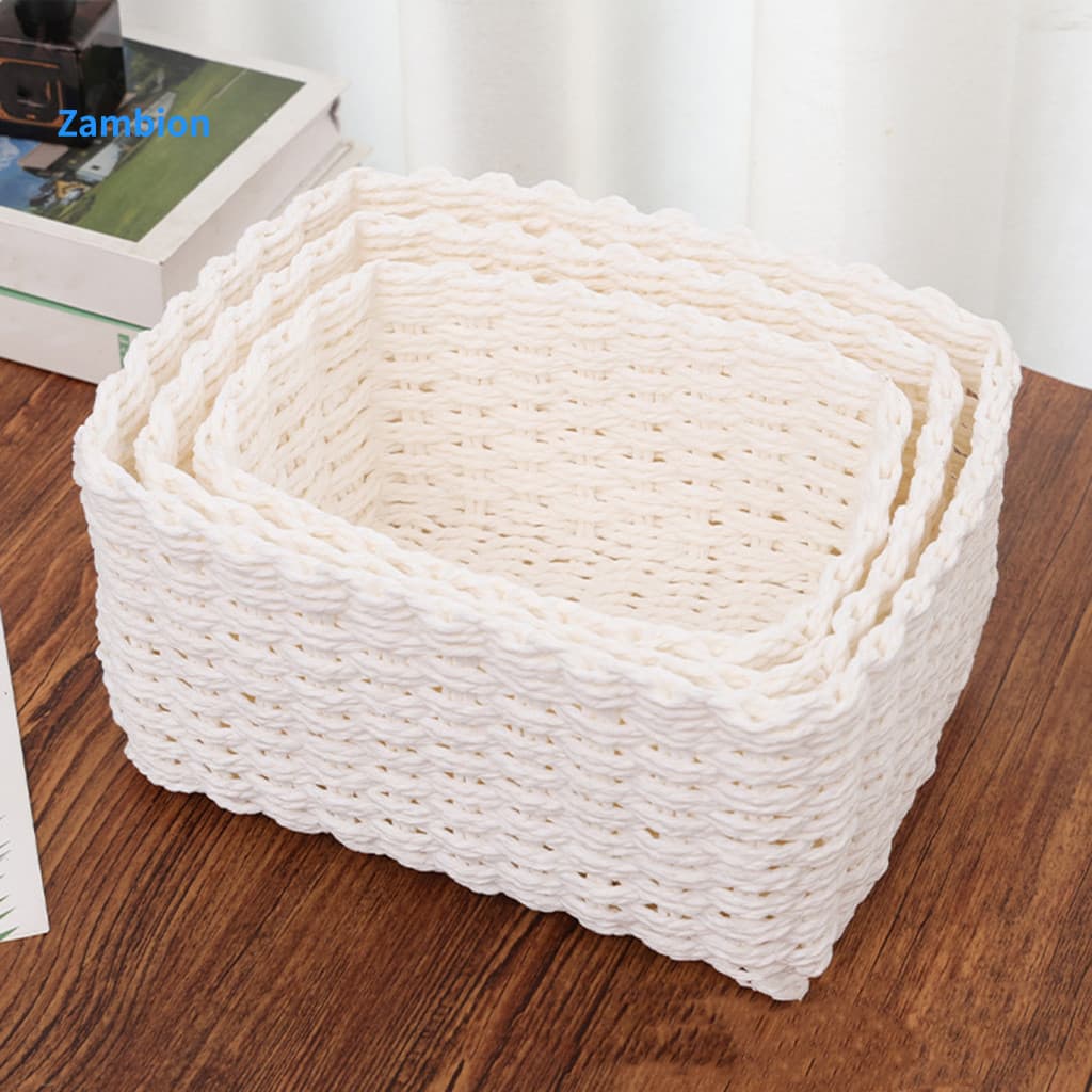 Rope Storage Bin Saving 3pcs Natural Rattan Woven Baskets Stackable Square Paper Organizers for Kitchen Bedroom Room Bat