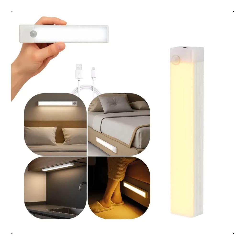 Luminária LED Barra Sensor Movimento Recarregável USB Luz Quente 20cm Sensor Armário Escada Corredor