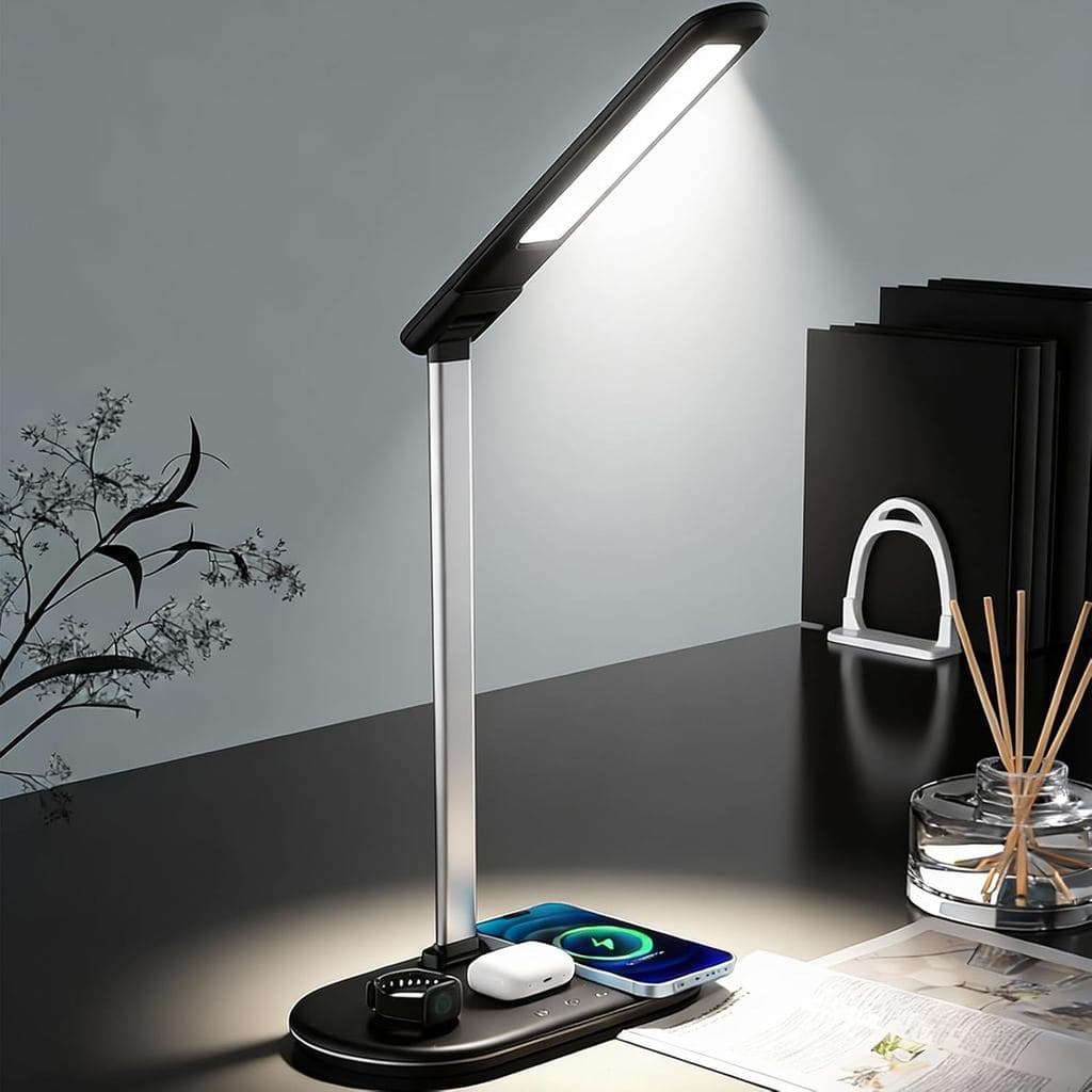 Lâmpada de Mesa com Carregamento Sem Fio 3 em 1, Carregador Rápido Qi de 15W para Telefone/Relógio/Fones de Ouvido, Luz
