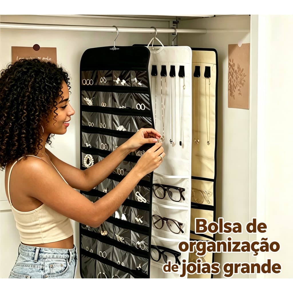 Organizador de Bijuterias com 48 Bolsos | Porta Joias Grande em Tela para Viagem