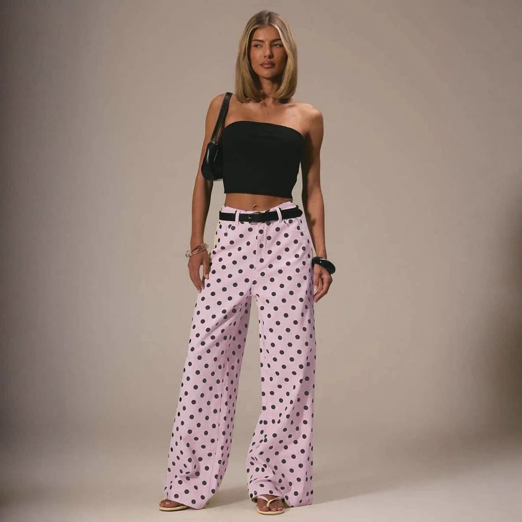 Calças Jeans Femininas Soltas e Casuais com Bolinhas, Cintura Média, Não Elásticas VRQ6