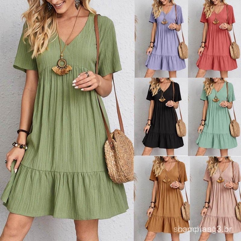 Vestido De Manga Curta Casual Verão Solto Com Babados