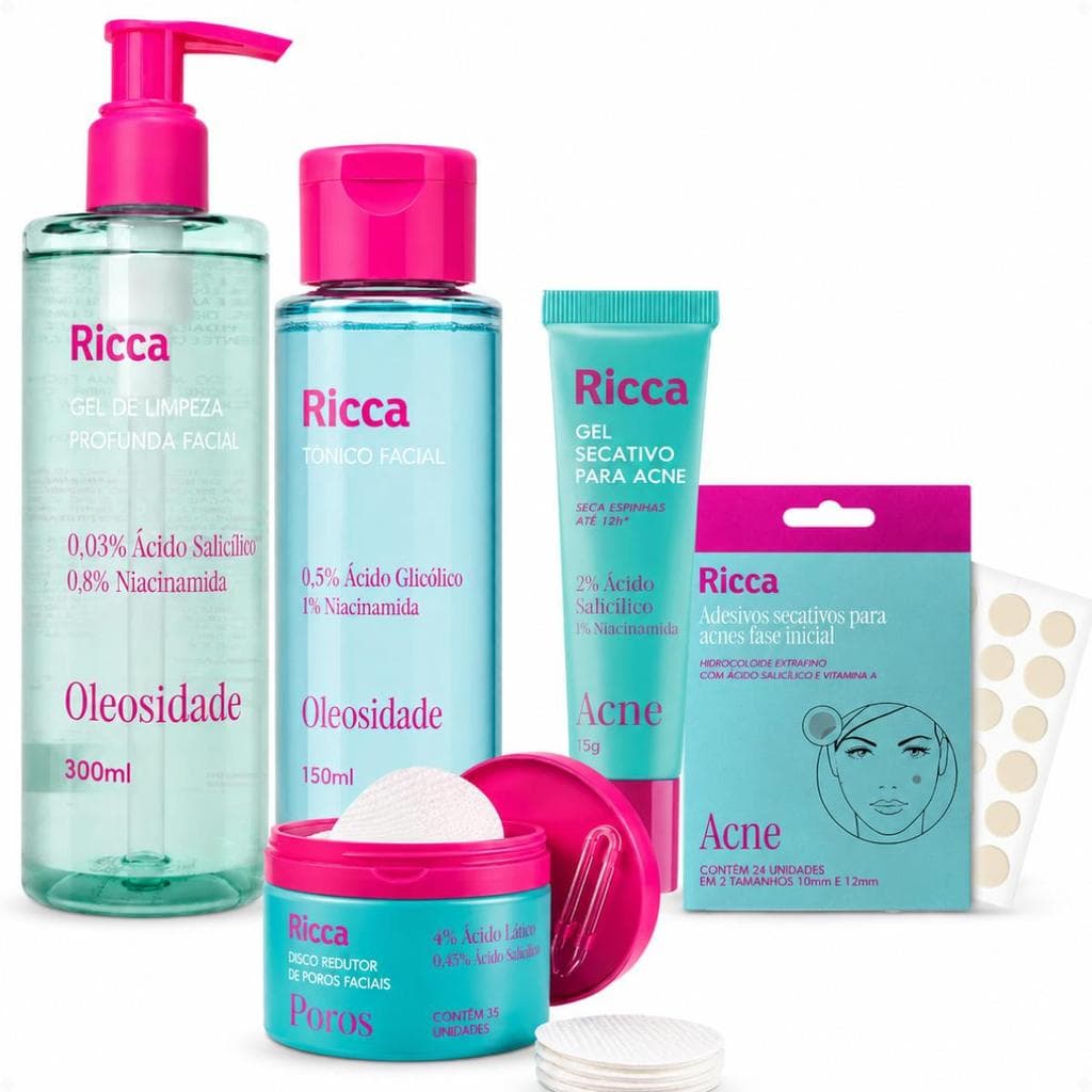 Kit Ricca Facial: Gel De Limpeza Profunda, Tônico, Disco Redutor de Poros, Gel Secativo e Mimo
