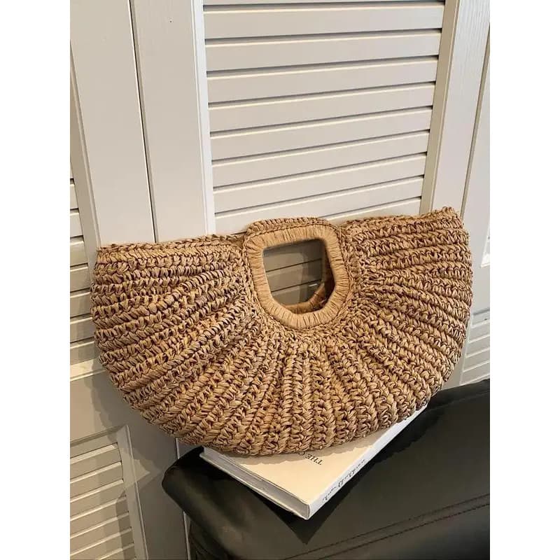 Bolsa de Palha Casual Lisa para Mulheres, Verão 2025, Bolsa de Mão Grande e Moderna para Uso Diário e Viagens, Bolsa de