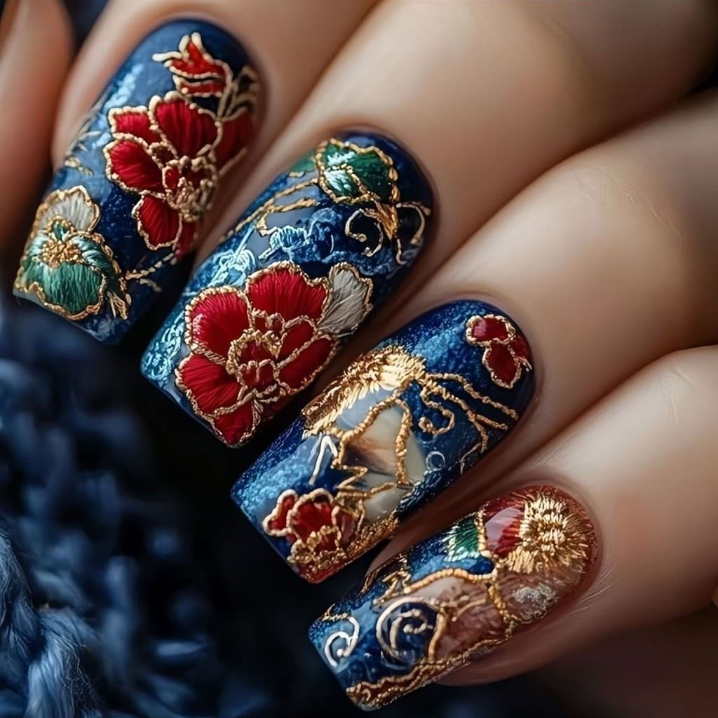 Ano novo estilo chinês usar unhas manicure azul dourado usar unhas vermelho manicure peças destacáveis unhas falsas