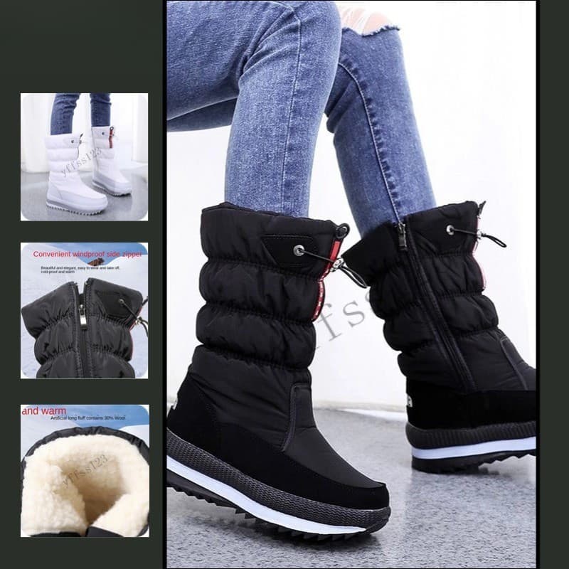 Botas de Neve Femininas Antiderrapantes de Algodão Quente e Peludo, Impermeáveis e à Prova de Frio, Cor Sólida C5RD