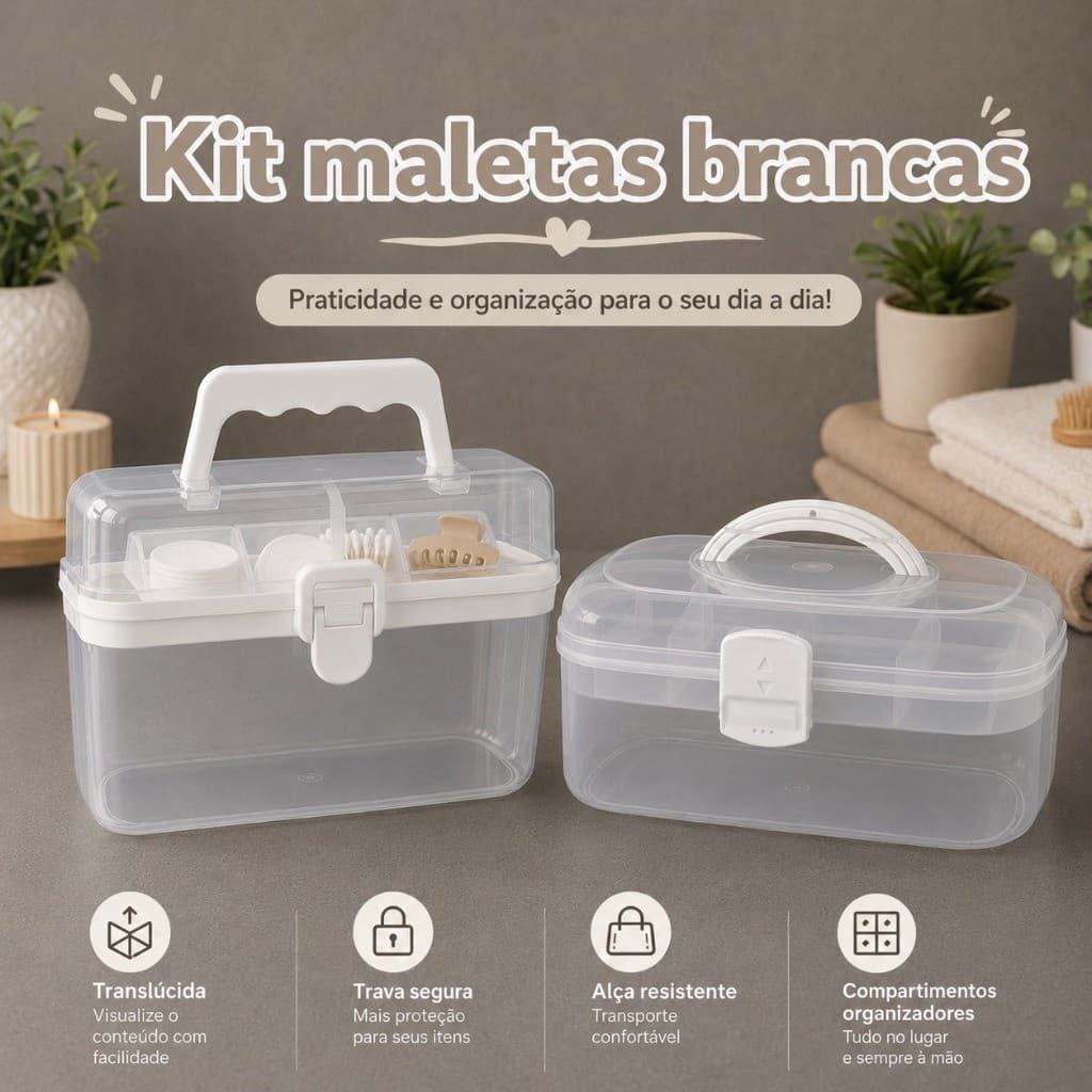 Kit Maletas Caixa Organizadora Transparente Branca Com Alça e Trava