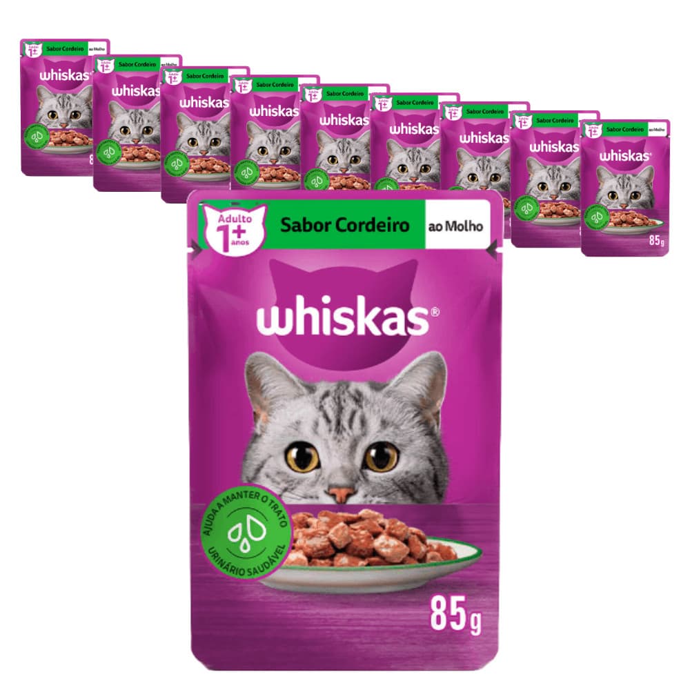 Ração Úmida Sache Whiskas Gatos Adultos Cordeiro - 85g - KIT 10 unids.