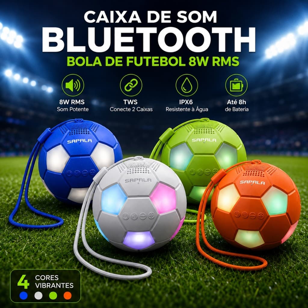 Caixa de Som Bluetooth Altofalante Portátil Bola de Futebol Sapala 8W 2000mAh IPX6