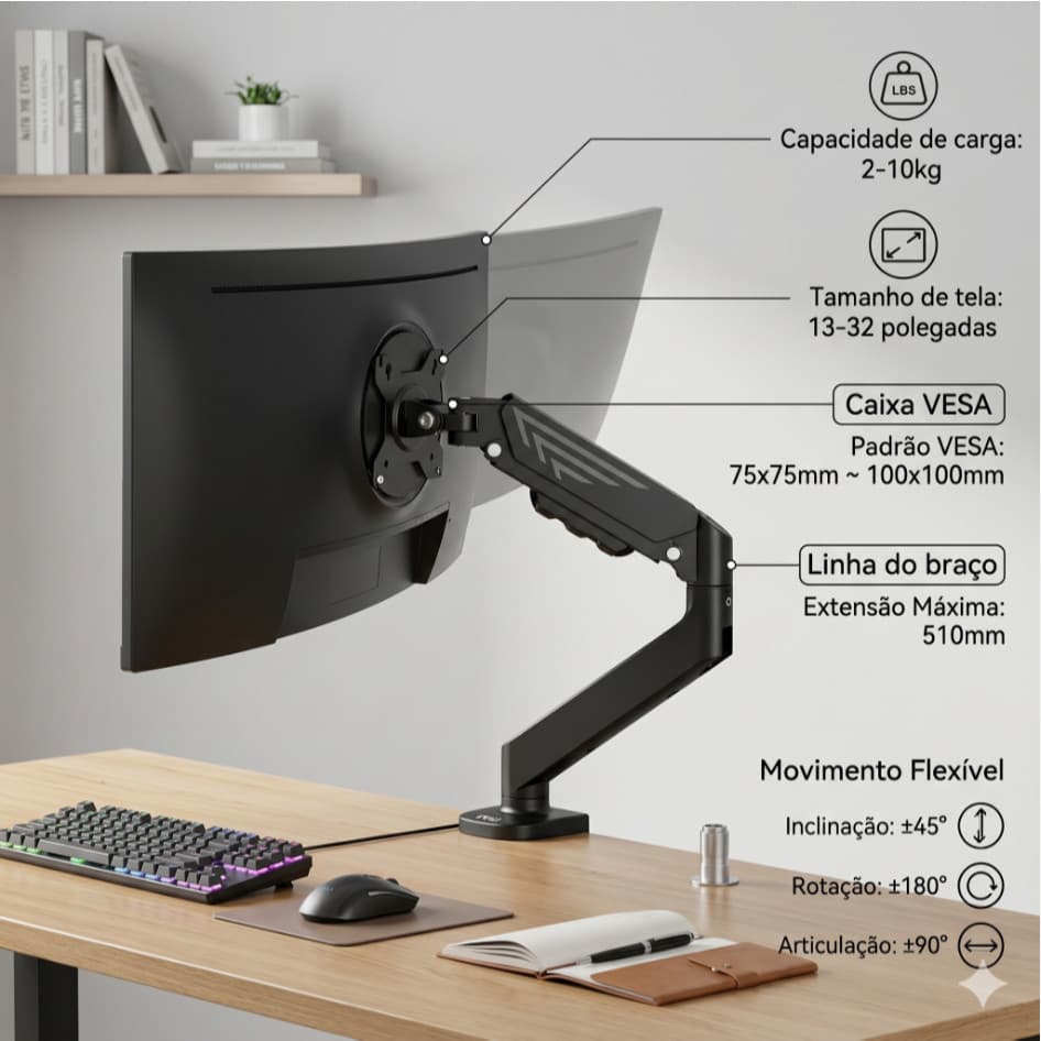 Suporte Articulado Para Monitor 13 a 32 Pistão a Gás Ajustável Zinnia Nimbo 110 Branco