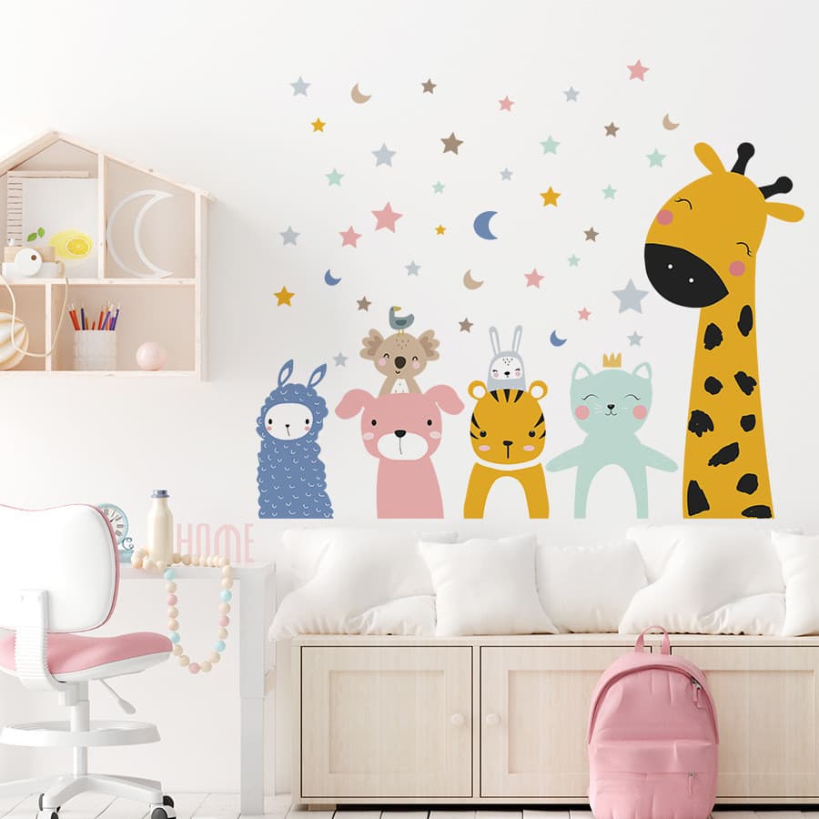 Desenhos animados coloridos estrelas lua bonito pequenos animais autoadesivos adesivos de parede ins decoração do quarto