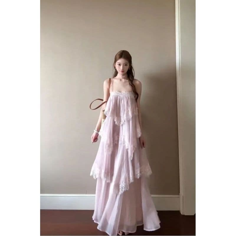 [Venda por tempo limitado] Vestido longo de renda rosa puro suave para meninas verão novo estilo frente única com cadarç