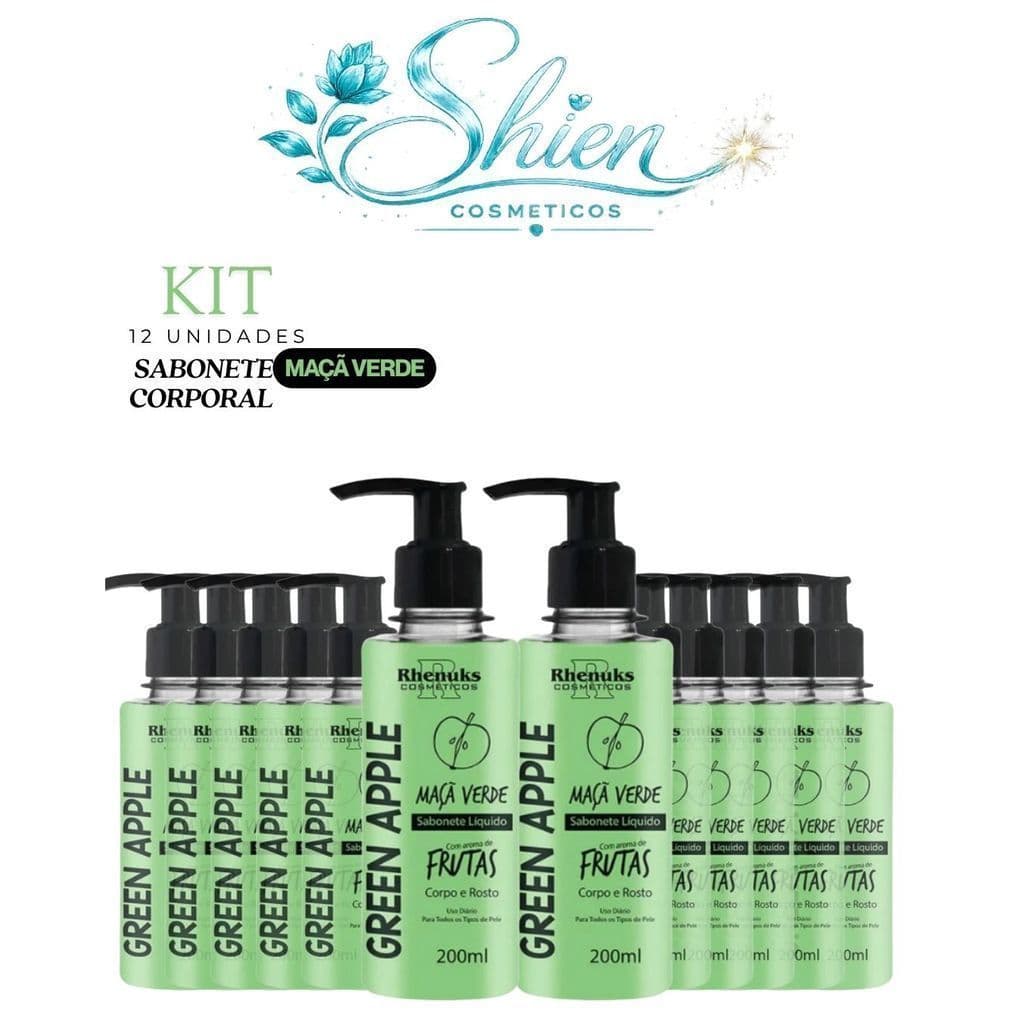 Kit 12 Sabonete Liquido Frutas Corpo e Rosto Maça Verde 200ml Rhenuks (Afilhado)
