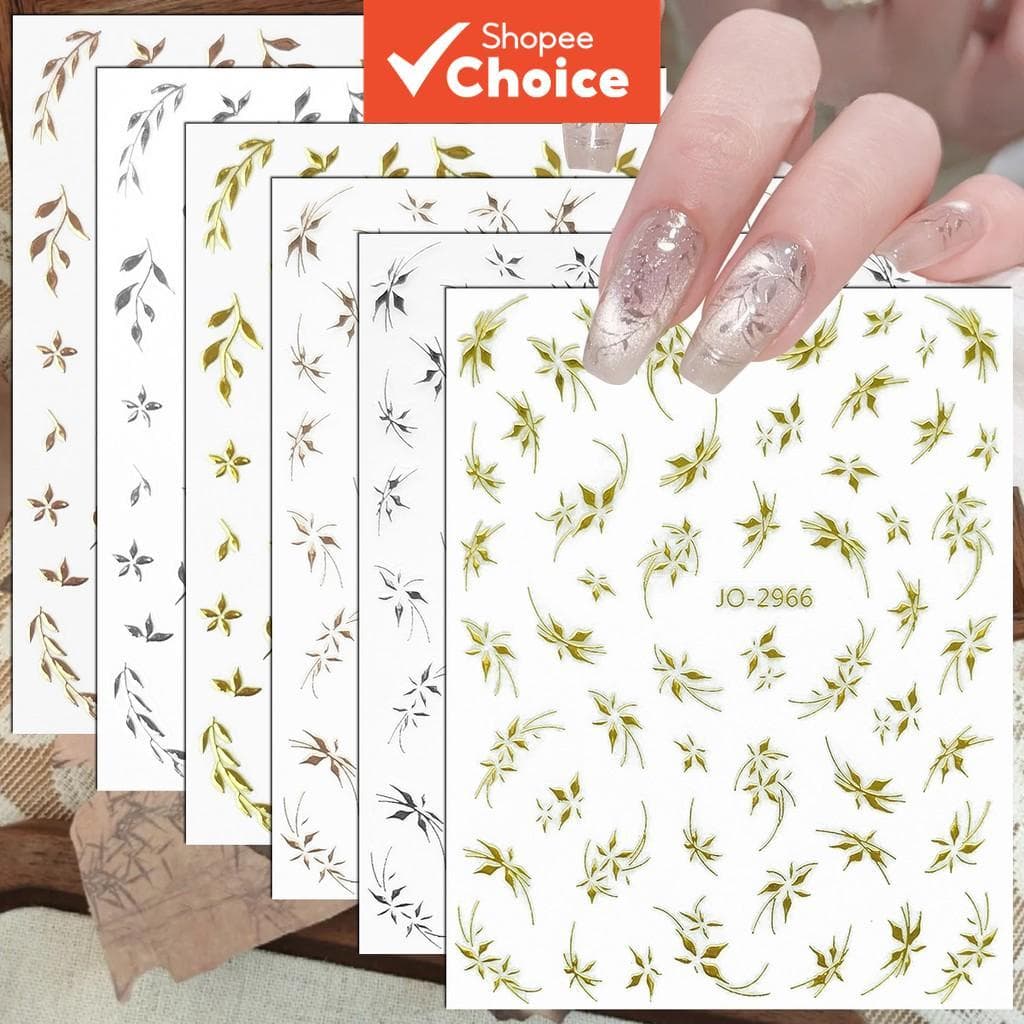 3/6/12 Folhas Adesivos de Unhas 3D com Folha de Videira, Ramo Botânico Dourado/Rosa/Cinza Decalques Autocolantes