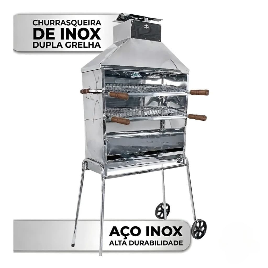 Churrasqueira Carrinho de Espetinho Inox 2 Andares com 2 Grelhas Profissional