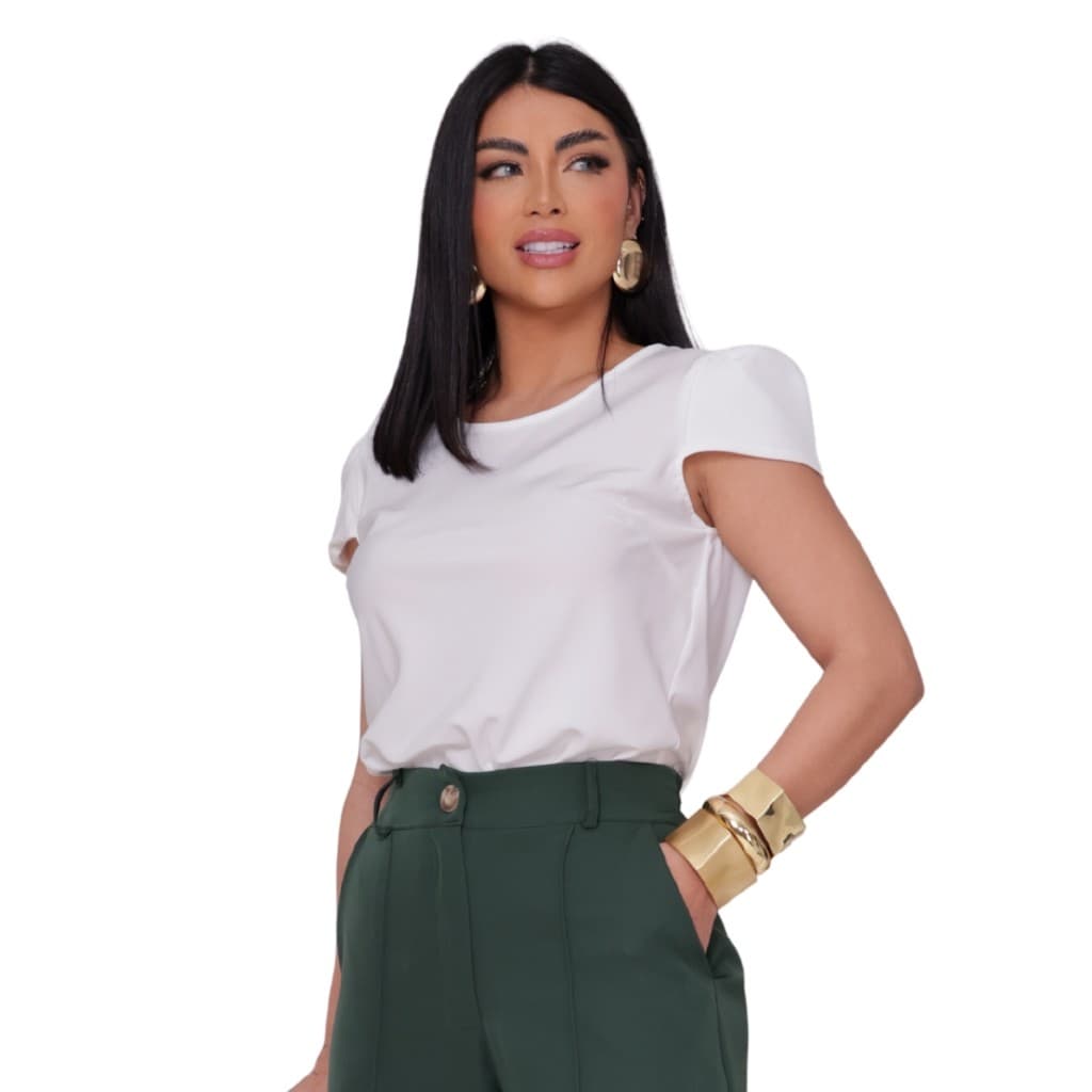 Blusa Feminina Crepinho Regular Fit Gola Redonda Manga Tulipa
