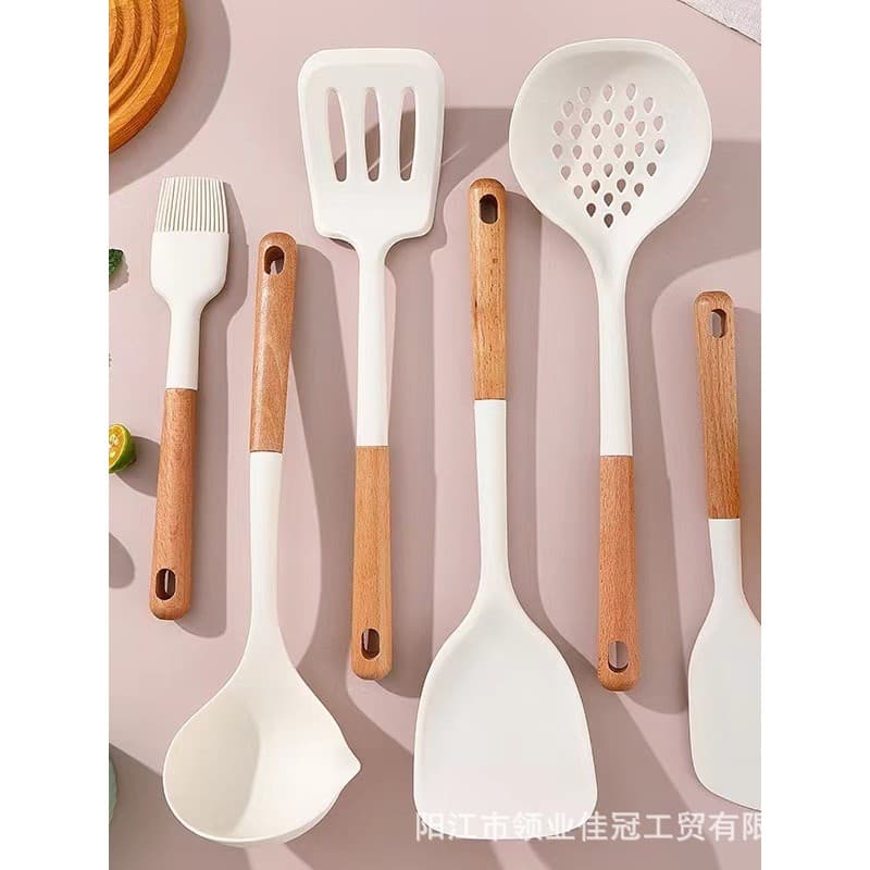 Espátula de colher de silicone de madeira maciça Conjunto de 6 peças com armazenamento de silicone de qualidade alimenta